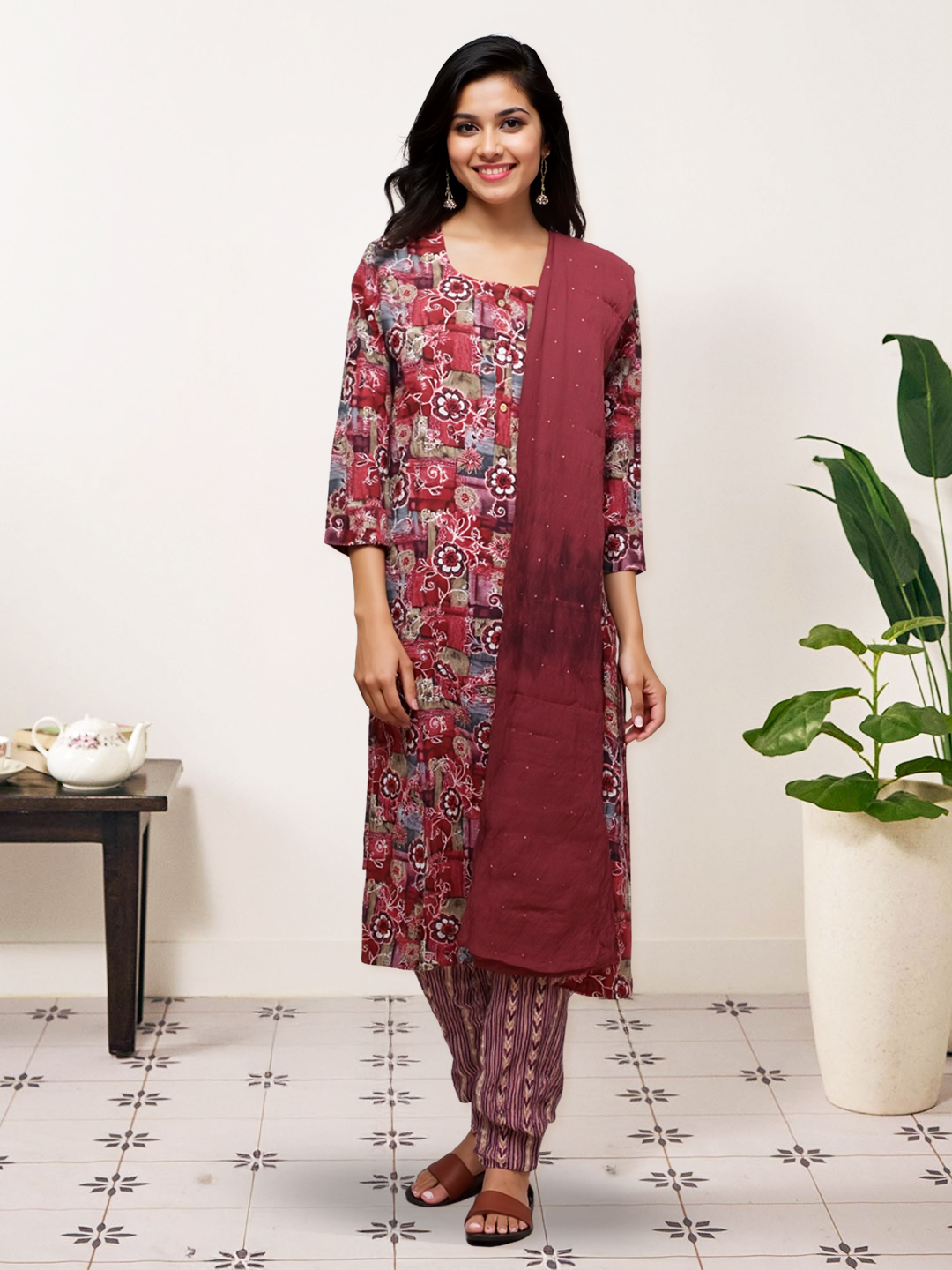 Picture of Elegant Floral and Patchwork Print kurta with Pant & Dupatta Set